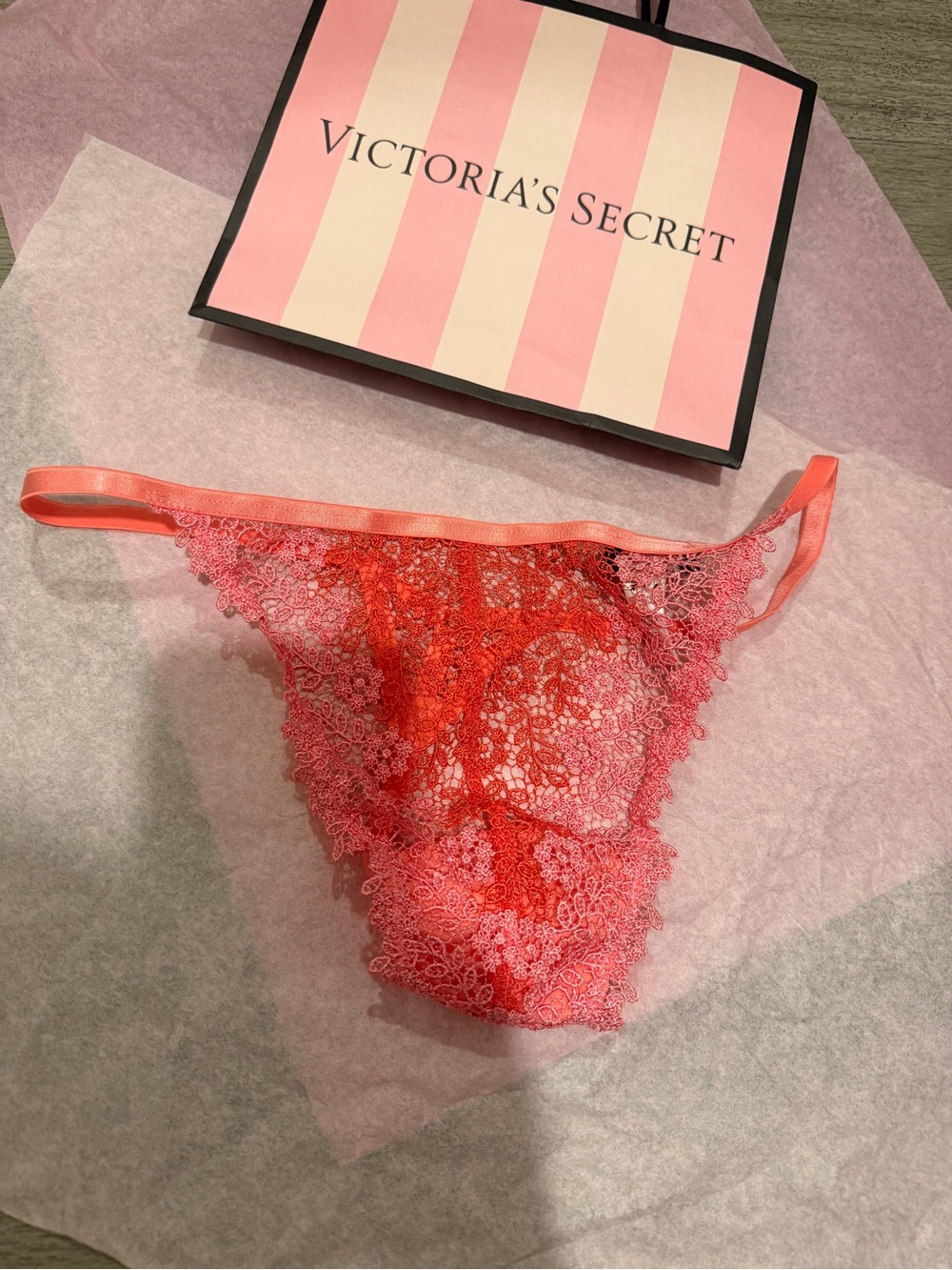 New Cosabella lace string thong in a coral pink hue S